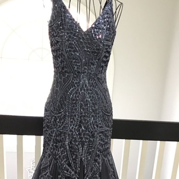 Stunning dark navy blue grayish maxi embroidered night dress - Picture 3 of 3
